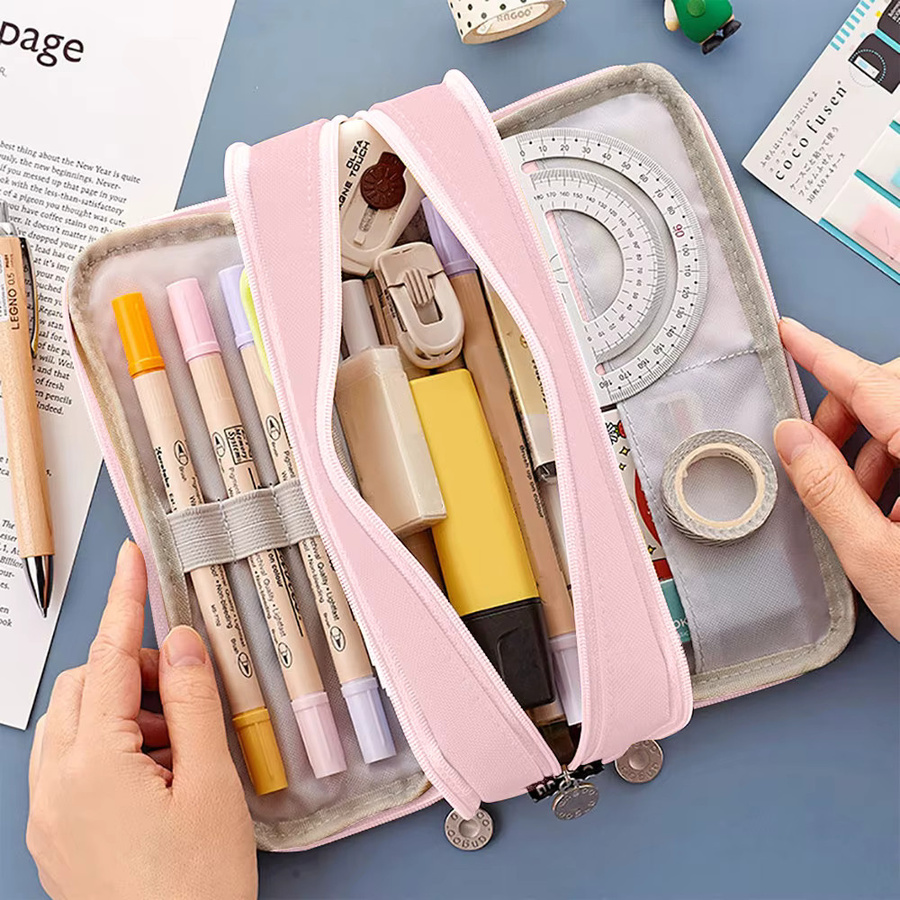 Multifunktionales Federmäppchen mit 3 Fächern und großem Fassungsvermögen für Schüler, erhältlich in Blau und Pink - Bild 2