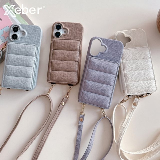 Xeber Lanyard Wallet Case für iPhone 13 in Beige mit Lichee Muster Leder und stoßfester Abdeckung - Bild 1