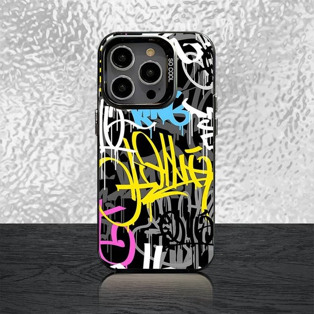 Stoßfeste Handyhülle mit buntem Graffiti-Design für iPhone 11 bis 16, Schwarz Matt von mart35 - Bild 1
