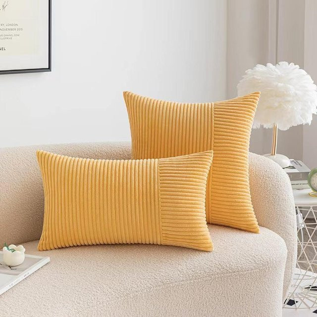 Yiran Furniture Kord Kissenbezug mit Streifen in Grün und Gelb, weich und flauschig für dein Sofa oder Wohnzimmer - Bild 1