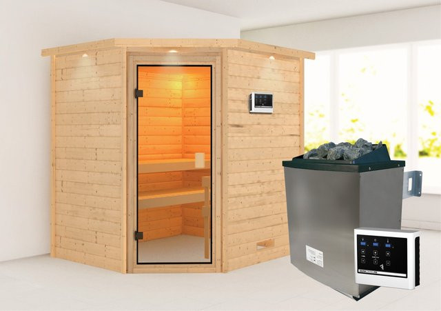 Karibu Massivholzsauna MIA aus nordischer Fichte in Braun mit 9.0 kW Ofen, Steuergerät, Dachkranz und bronzierter Ganzglastür, B/T/H: 196 x 170 x 198 cm - Bild 1