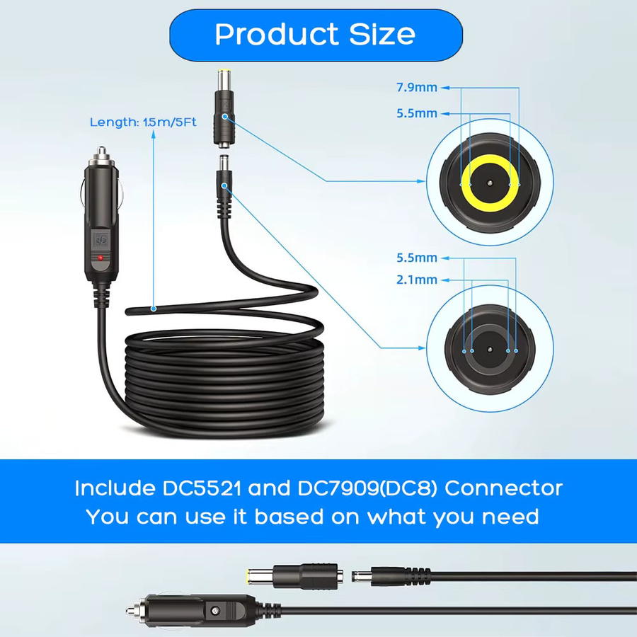 April Ample DC5521 DC7909 auf 12 V 24 V Zigarettenanzünderkabel für tragbare Kraftwerke, Schwarz, Länge: 1,5 m - Bild 2