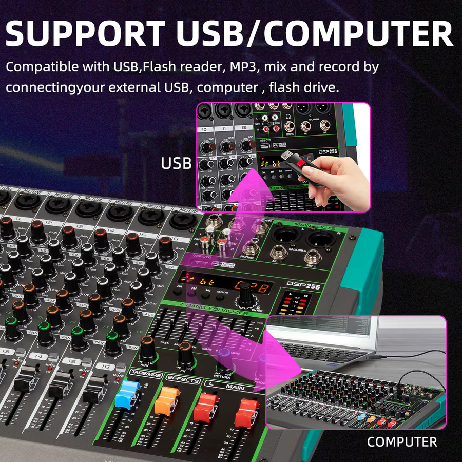 Depusheng Audio-Soundmixer DJ-Konsole mit USB, 48V Phantomspeisung und 256 DSP-Effekten in Schwarz - Bild 3