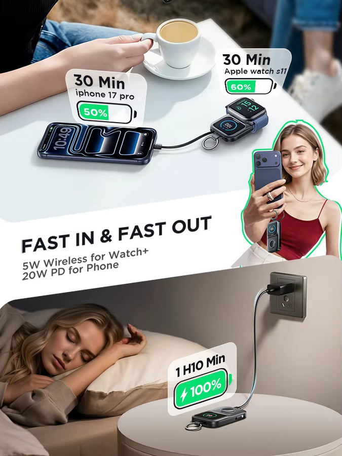 Joyroom Powerbank JR-W19 in Schwarz mit 5000mAh Kapazität, integriertem USB-C-Kabel, 20W PD Schnellladung und kabellosem Ladegerät für Apple Watch - Bild 3