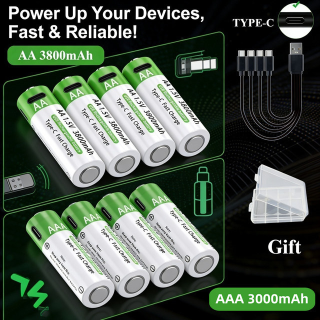 WHITECRANE USB-C Wiederaufladbare AA AAA Lithium Batterien mit 3000mAh Hochkapazität - Bild 1