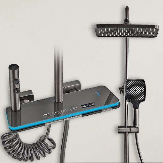 Badezimmer-Duschset mit Digitalanzeige und Stimmungslicht in Matt Schwarz mit Klaviertasten-Steuerung und Badewannenmischer - Bild 1