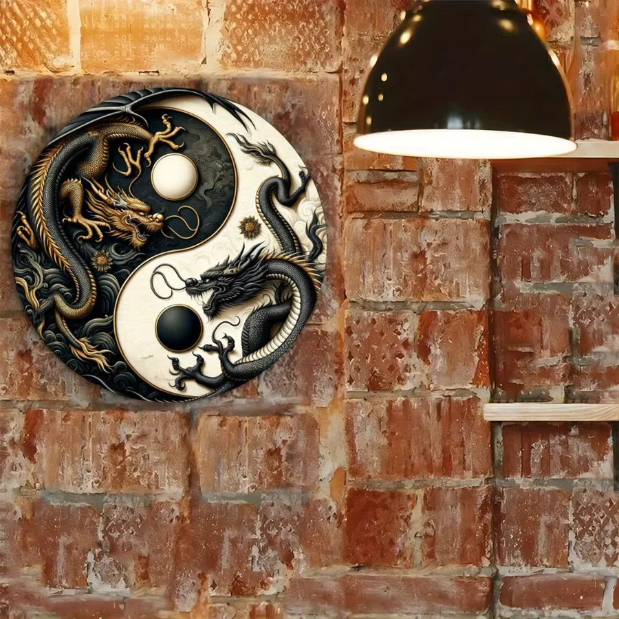 Potdemiel Metallschild Yin-Yang mit chinesischem Drachen in Schwarz-Weiß, runde orientalische Wandkunst, Durchmesser: 20 cm - Bild 4
