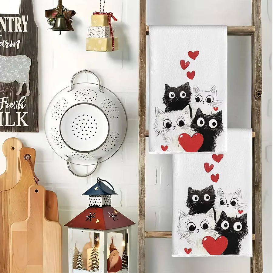 Saugfähiges Küchenhandtuch mit Herz-Katzen-Motiv in Schwarz-Weiß, B: 40 cm, H: 60 cm - Bild 5