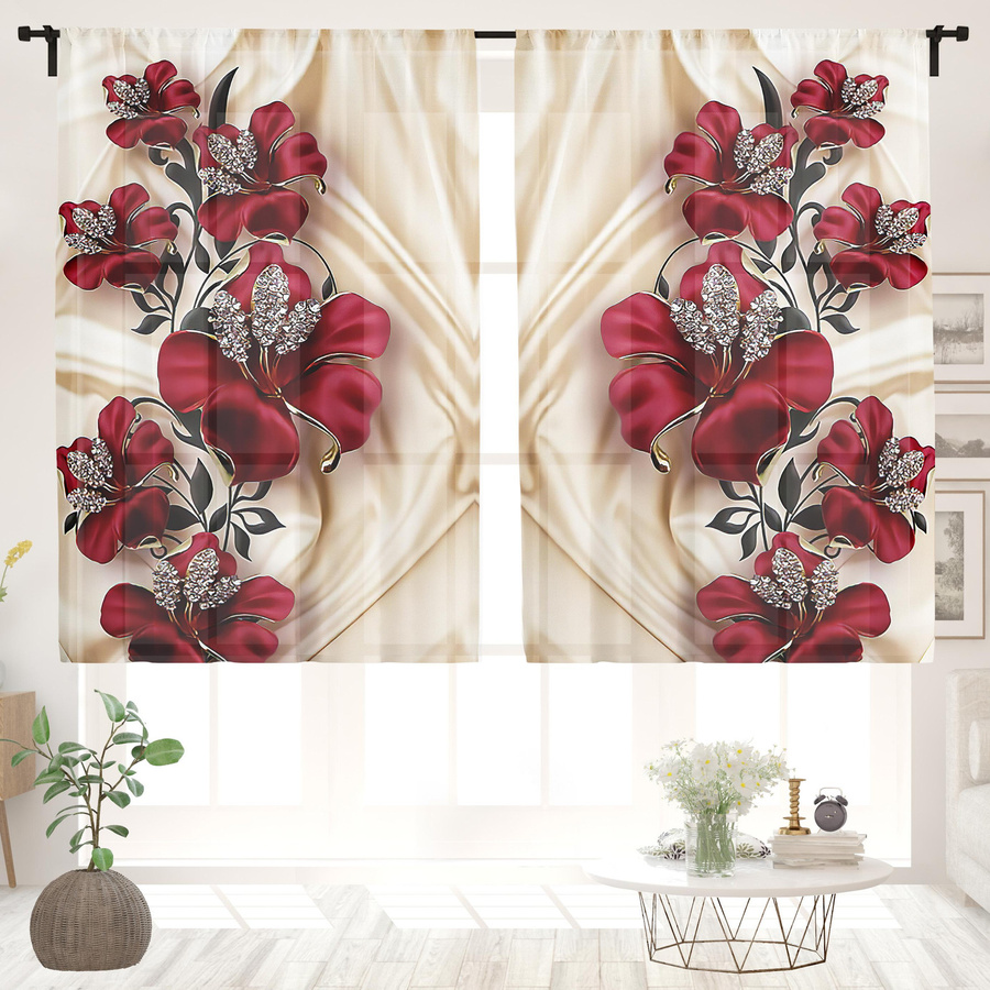 2er-Set florale Vorhänge aus seidigem Stoff in Rot mit modernem Design, halbtransparent, Breite: 150 cm, Höhe: 166 cm - Bild 2