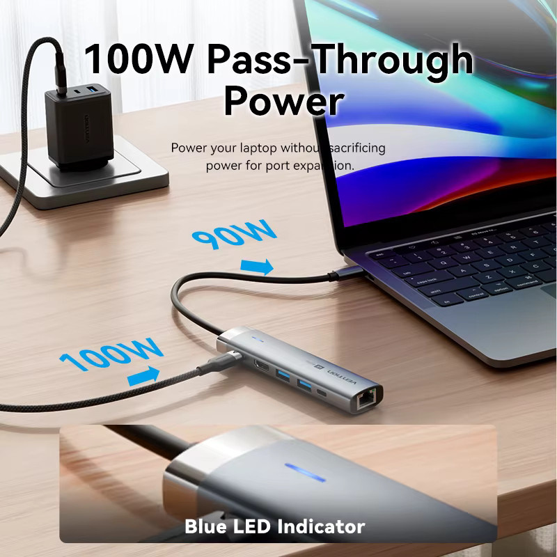 Vention USB C Hub mit HDMI 4K60Hz, RJ45 Ethernet und PD 100W Ladung, USB 3.0 Anschlüsse, Farbe: Grau - Bild 3