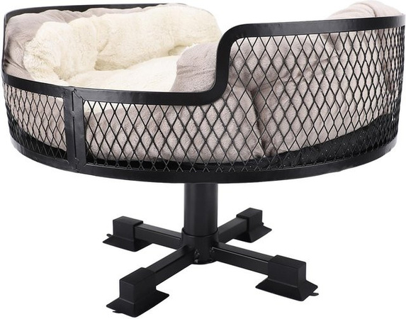 Aimo Katzenbett aus Metall in Silber und Grau, rundes und erhöhtes Haustierbett im modernen Edelstahl-Stil für dein Home Office