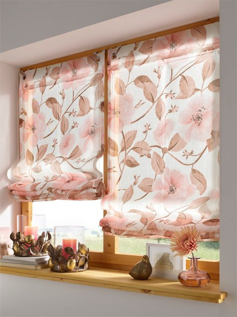 Heine Home Raffrollo mit floralem Blütenmuster, semi-transparent, Polyester, Weiß/Rosa, Breite: 140 cm, Höhe: 45 cm - Bild 1
