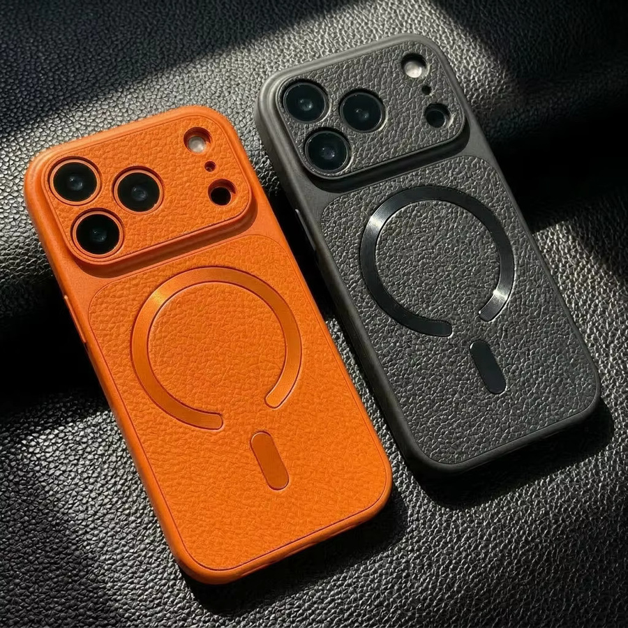 QIXTWO Magnetische Kunstleder-Handyhülle in Orange mit kabelloser Ladefunktion und stoßfestem TPU Softcover für iPhone 13 14 15 16 17 Pro Max Plus Air - Bild 1