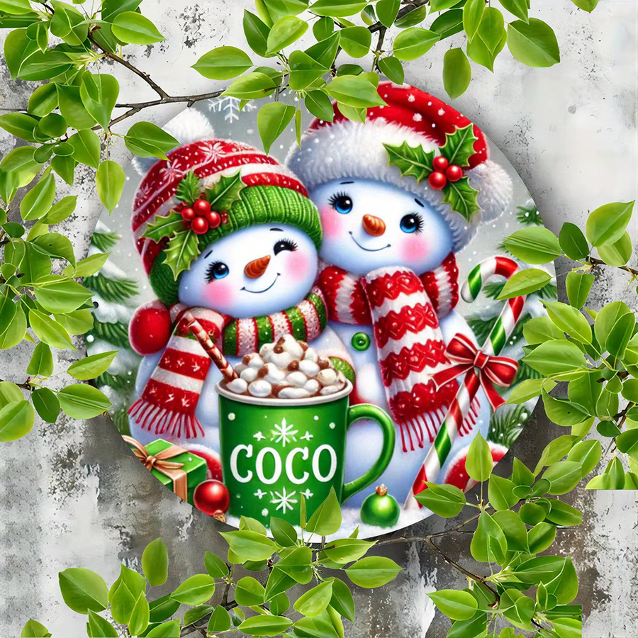 Potdemiel Metallwandkunst 2D FlatSnowman und Hot Cocoa – Rundes Blechschild für die Weihnachtsdekoration, Mehrfarbig, Durchmesser: 20 cm - Bild 4