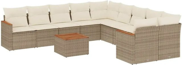 vidaXL 11-teilige Garten-Sofagarnitur aus Poly-Rattan und Akazienholz in Beige-creme mit Kissen - Bild 1