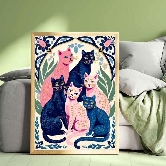 Moderner Katzen-Kunstdruck von SHENCHEN in Pink, Blau und Multicolour als rechteckiges Wandposter aus Papier - Bild 1