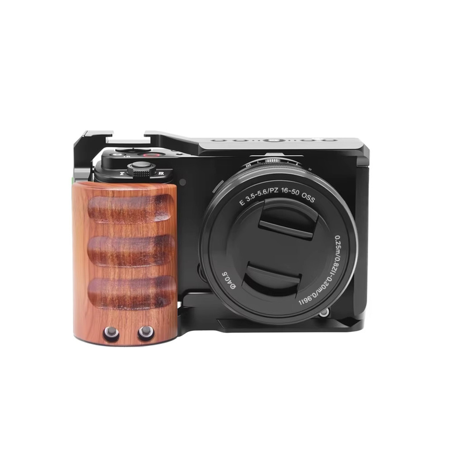 sgrium Kamera-Käfig für Sony ZV-E10 mit Holzgriff und Erweiterungshalterung für LED und Mikrofon in Schwarz - Bild 4
