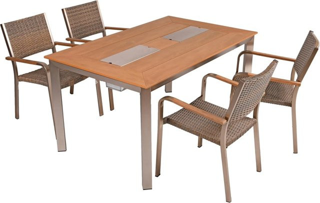 DELUKE Gartenmöbel Set FIONA 5-teilig in Braun mit Esstisch und Stapelstühlen aus Aluminium und Kunststoffgeflecht - Bild 1