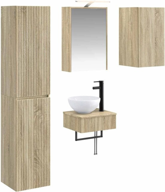 vidaXL Badezimmermöbel-Set 5-teilig in Sonoma-Eiche mit LED-Beleuchtung, Spiegelschrank, Wandschrank und Hochschrank aus Holz und Glas, Braun - Bild 1