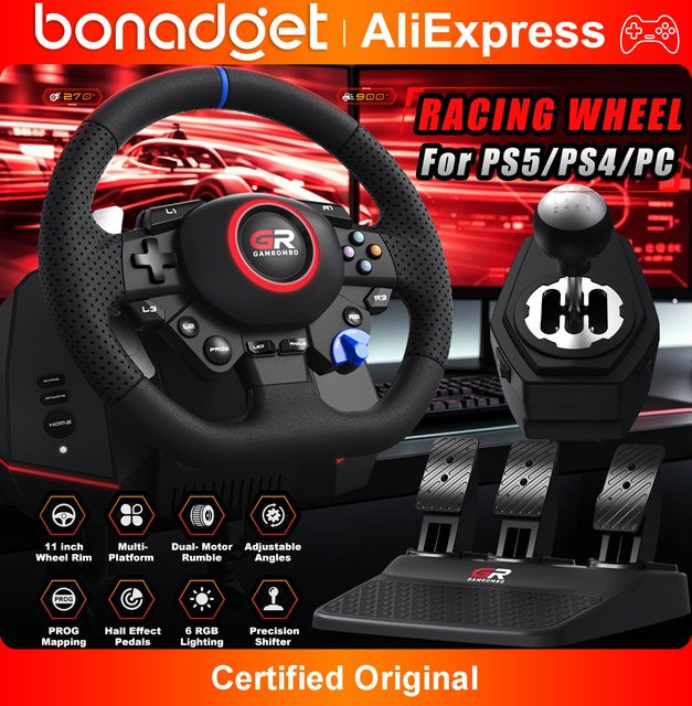 Bonacell Gaming-Lenkrad für PS5, PS4 und PC in Schwarz mit Leder, RGB-Beleuchtung und Hall-Effekt-Makro-Linearpedalen für Rennsimulationen (270° & 900°) - Bild 1