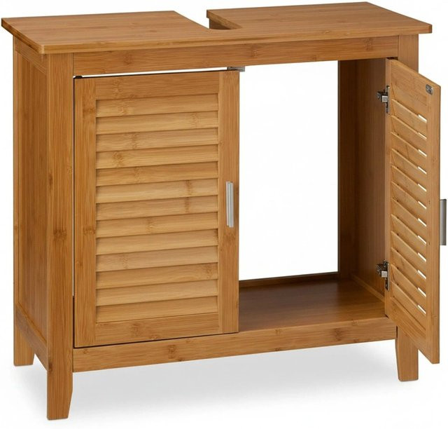 Relaxdays Waschbeckenunterschrank aus Bambus in Natur mit Siphonaussparung und Lamellen-Design, B/T/H: 60 x 30 x 67 cm - Bild 1