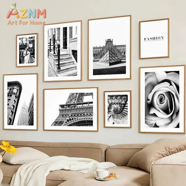 AZNM Modernes Stadtlandschaft Wandbild Schwarz-Weiß als Rahmenloser Paper Poster für Wohnzimmer und Schlafzimmer - Bild 1