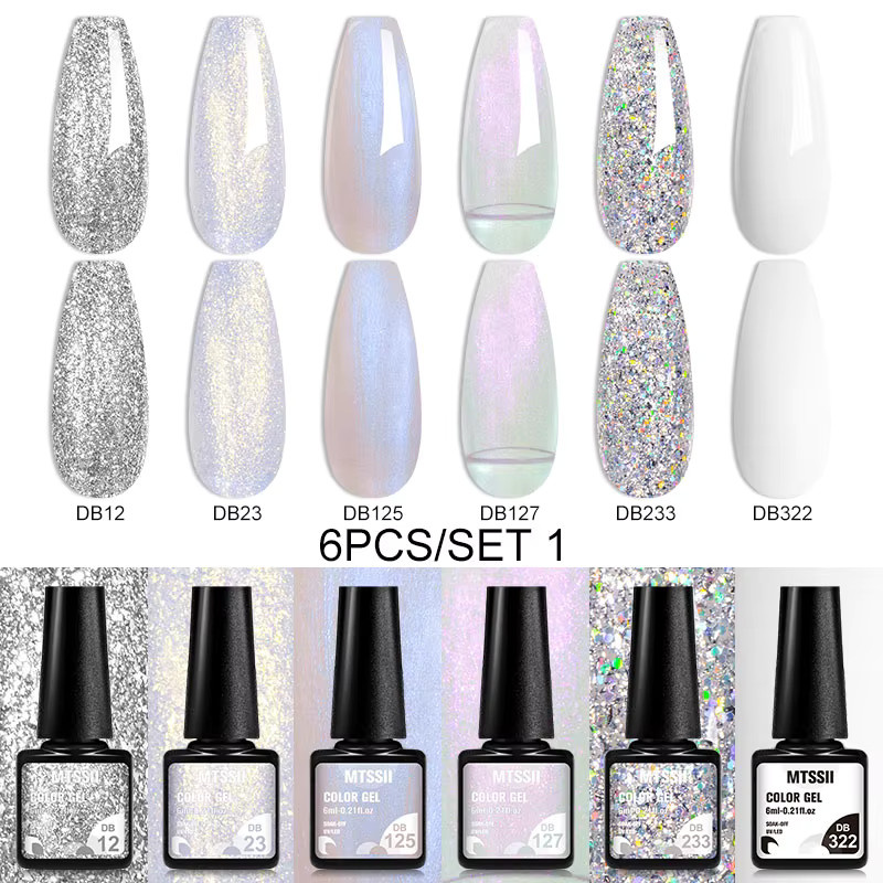 Mtssii Gel Nagellack Set, 6 Stück, Rosa Rot Silber Glitter, Schimmernd - Bild 1