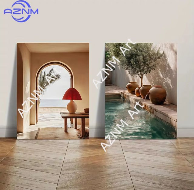 AZNM Leinwandgemälde Mediterranes Interieur Bogenförmige Tür und Pool Wanddekoration in Beige, Abstract Poster Druck für dein Wohnzimmer - Bild 1