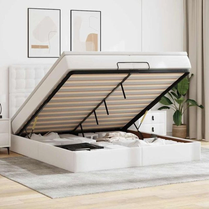 vidaxl Ottoman Polsterbett mit Matratzen und LED in Weiß aus Kunstleder B/T/H: 200 x 203 x 128 cm - Bild 1