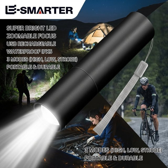 ESMARTER Mini-Teleskop-Zoom-Taschenlampe in Schwarz, USB wiederaufladbar, wasserdicht mit 3 Lichtmodi - Bild 1
