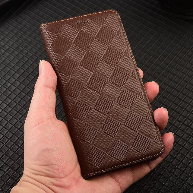 Grid Echtes Leder Flip Case für Samsung Galaxy A04 A14 A24 A34 A54 A05 A15 A25 A35 A55 A06 A16 A26 A36 A56 4G 5G in Braun - Bild 1