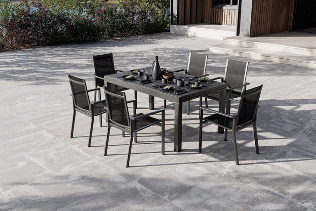 OUTFLEXX Premium Garten-Essgruppe aus Aluminium, Spraystone und Textilene in Anthrazit Matt und Schwarz, ausziehbarer Tisch und 6 Stapelsessel für Terrasse und Garten, Tisch B: 160 bis 260 cm, H: 75 cm, B: 100 cm - Bild 1