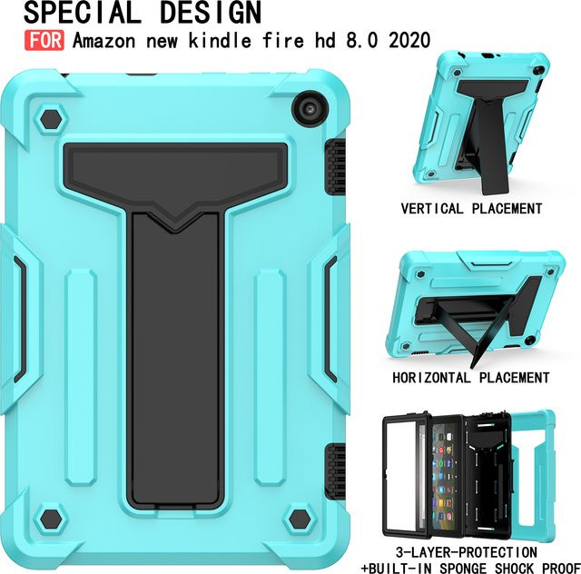 Stoßfeste Hybrid-Ständerhülle für Amazon Fire HD 8 Plus 2020 10. Generation von yunyonglai in Schwarz, Blau oder Türkis - Bild 1