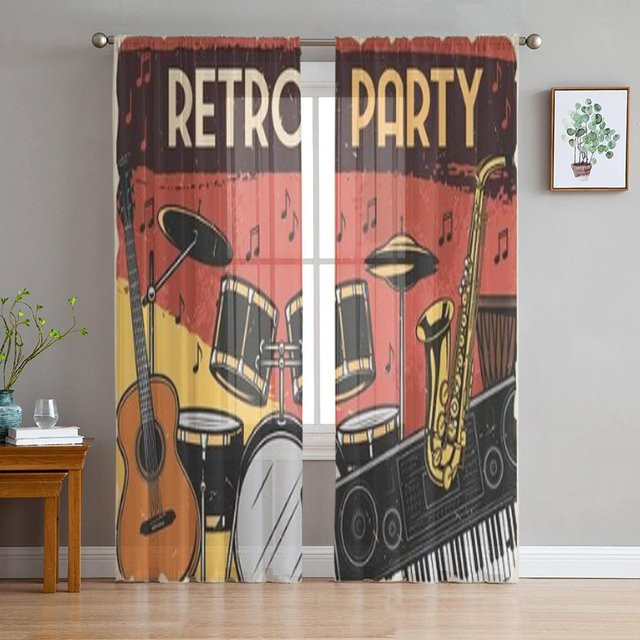 Super Six Chiffon-Vorhang mit Musikinstrumenten Retro-Design in Schwarz und Multicolour, B: 135 cm, H: 114 cm - Bild 1