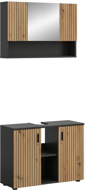 Badezimmer-Set Mone von xonox.home in Basalt Nachbildung und Artisan Oak Nachbildung, bestehend aus Waschtischunterschrank und Spiegelschrank, Grau und Braun, B/H/T: 80 x 180 x 30 cm - Bild 1