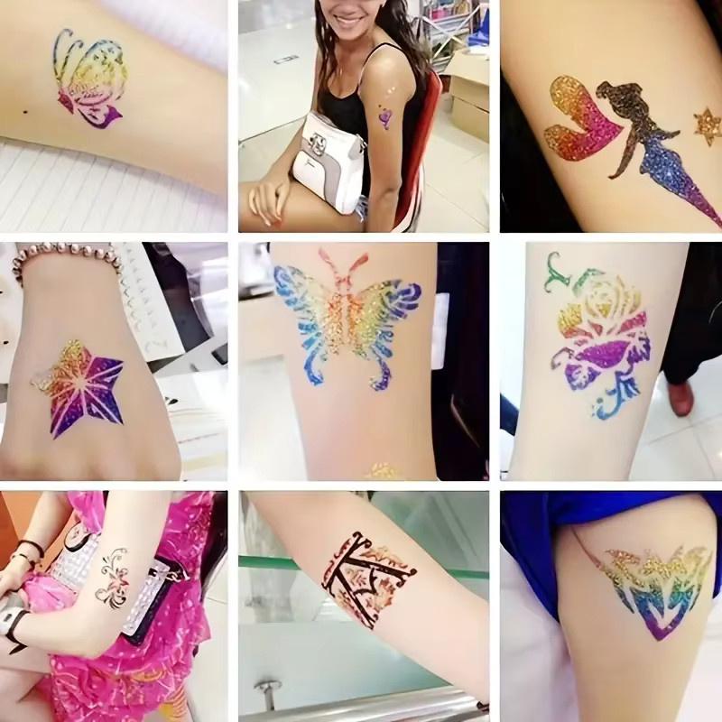 Veronni Temporäres Glitzer-Tattoo-Set, 24 Farben, 2 Kleberflaschen, 3 Schablonenblätter - Bild 6
