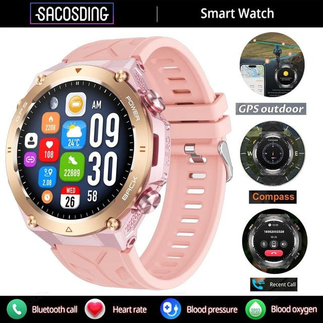 SACOSDING Smartwatch mit GPS, Kompass und 1,45 Zoll AMOLED Display, wasserdicht nach 1ATM, Bluetooth 5.2 für Anrufe und Sprachassistent, Farbe: Rosa - Bild 1