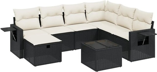 vidaXL 8-tlg Garten-Sofagarnitur aus Poly Rattan in L-Form mit Kissen und Couchtisch, Schwarz - Bild 1