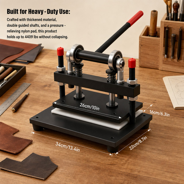 Hochleistungs-2-Tonnen-Hand-Lederschneidemaschine als verstellbare Stanzpresse in Schwarz mit einer Arbeitsplatte von 26 x 16 cm, 26,9 cm Vorschubbreite und 15 mm Hub für Leder, Stoff, Silikon und Papier - Bild 1