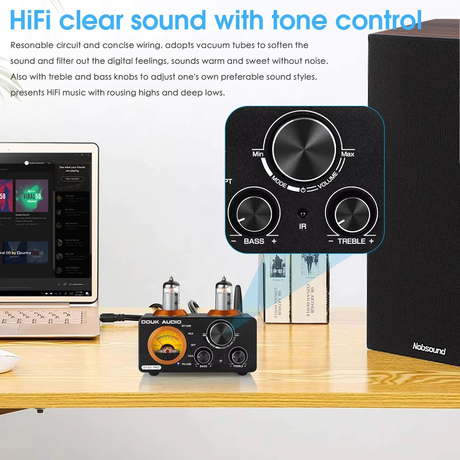 Nobsound HiFi Bluetooth 5.0 Vakuumröhrenverstärker mit VU-Messgerät, USB DAC Stereoempfänger, COAX/OPT Digitalverstärker, Schwarz - Bild 5