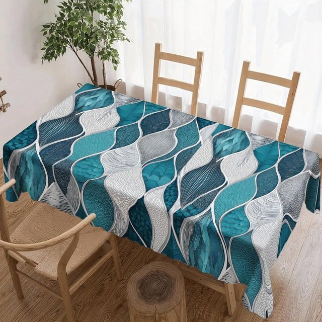 Wasserdichte rechteckige Tischdecke mit blau-grünem Blättermuster von JINGYUE Pet, B/T: 140 x 140 cm - Bild 1