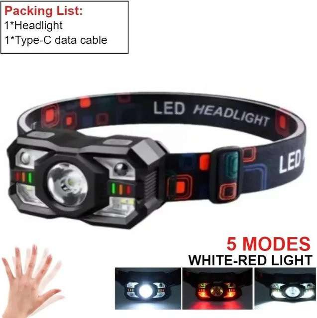 Wiederaufladbare LED-Stirnlampe von LIUXING Fire mit rotem Licht, Bewegungsmelder und 5 Modi in Schwarz - Bild 1