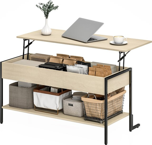 Aosom Couchtisch im Industrial Design mit höhenverstellbarer Platte, Naturholzoptik Braun/Schwarz, B: 95 cm, T: 40 cm, H: 59 cm - Bild 1