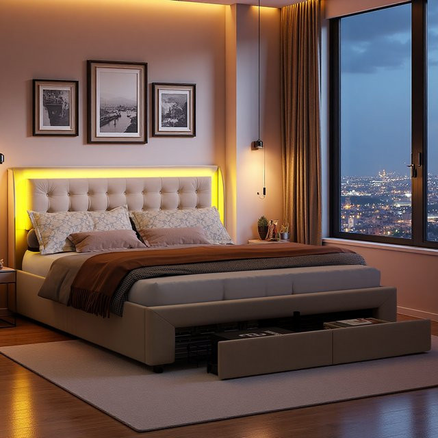 Superaly Polsterbett mit LED-Kopfteil und 2 Schubladen aus Samt in Beige, B/T: 180 x 200 cm - Bild 1