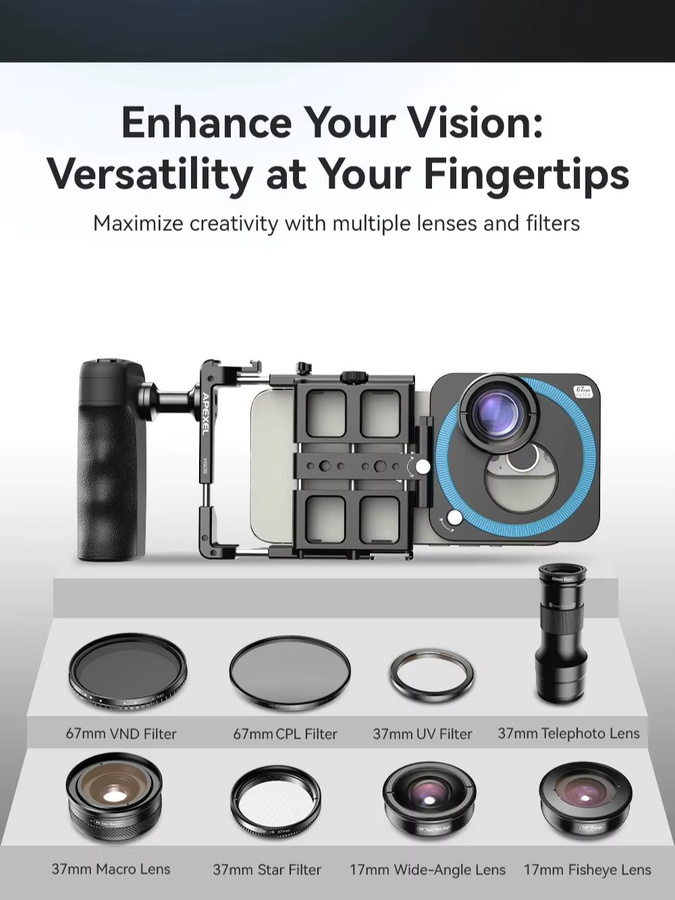 APEXEL Universal Metal Phone Rig Video Kit Handheld Smartphone Vlog Cage in Schwarz mit wiederaufladbarem Verschluss - Bild 6