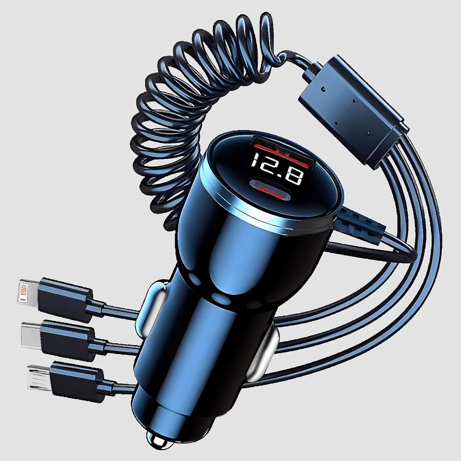 4-in-1 USB-Autotelefon-Ladegerät-Adapter mit einziehbarem Kabel, LED-Spannungsmonitor und USB-C sowie USB-A Anschlüssen in Schwarz für iPhone, Samsung und Huawei - Bild 2