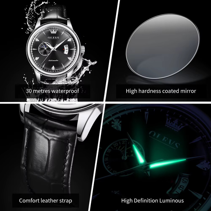 OLEVS Armbanduhr Automatik, Silber, Leder, Herren - Bild 6