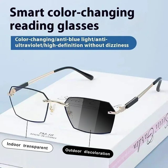 Photochromatische HD Anti-Blaulicht Anti-Ermüdungs-Lesebrille, randlos, Metall - Bild 1