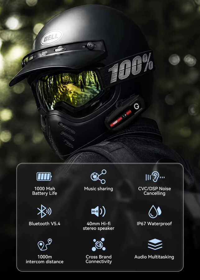 XGP Motorrad-Intercom Bluetooth-Helmset mit Sprachsteuerung und Geräuschunterdrückung in Schwarz - Bild 3