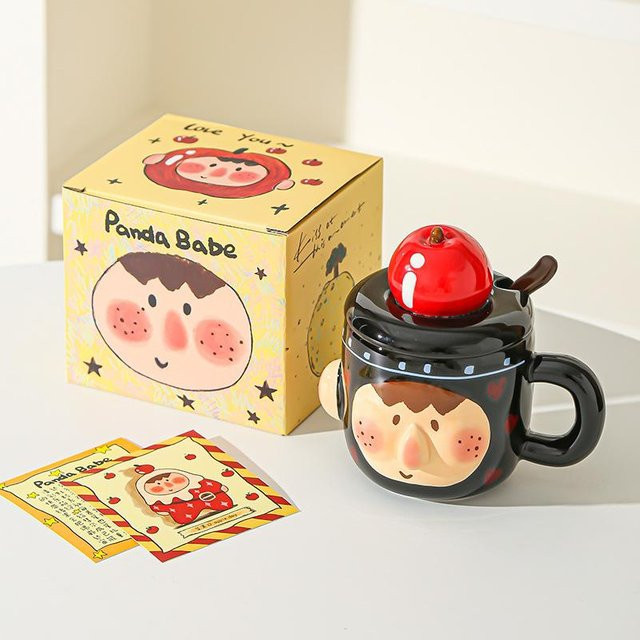 Kreative Keramiktasse mit Deckel und Löffel von Yiran bag in Pink oder Black, 350 ml - Bild 1